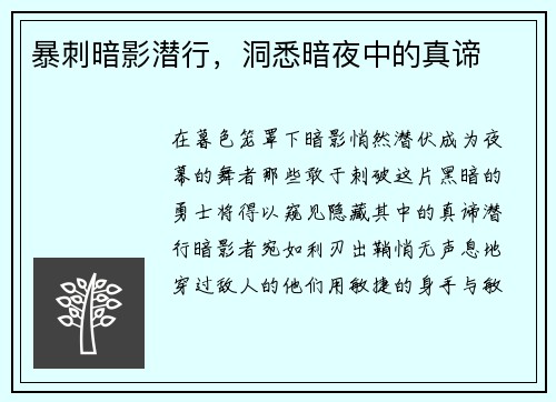 暴刺暗影潜行，洞悉暗夜中的真谛